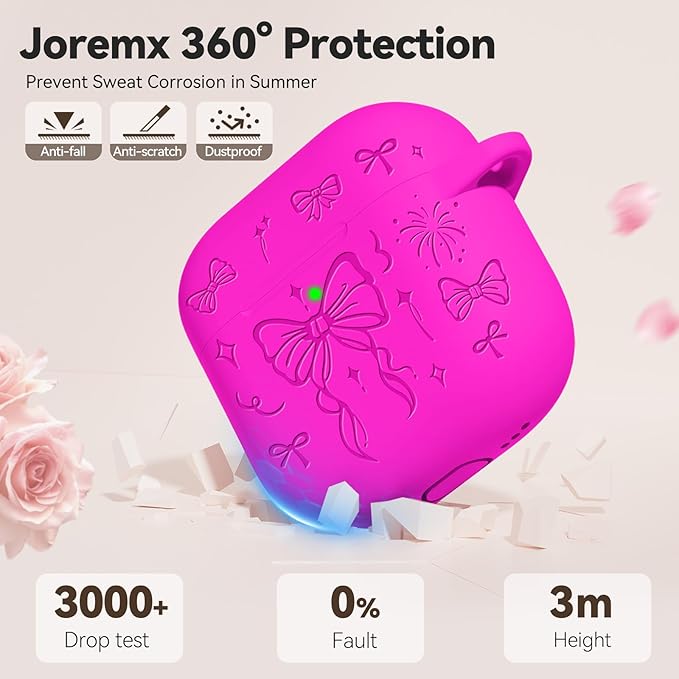 for Airpods 4 Case Cover, Joremx Cute Bow Engraved Silicone Protective Case Cover with Keychain, Cleaner Kit for AirPods 4th Generation Case 2024 (Fluorescent Rose Red)