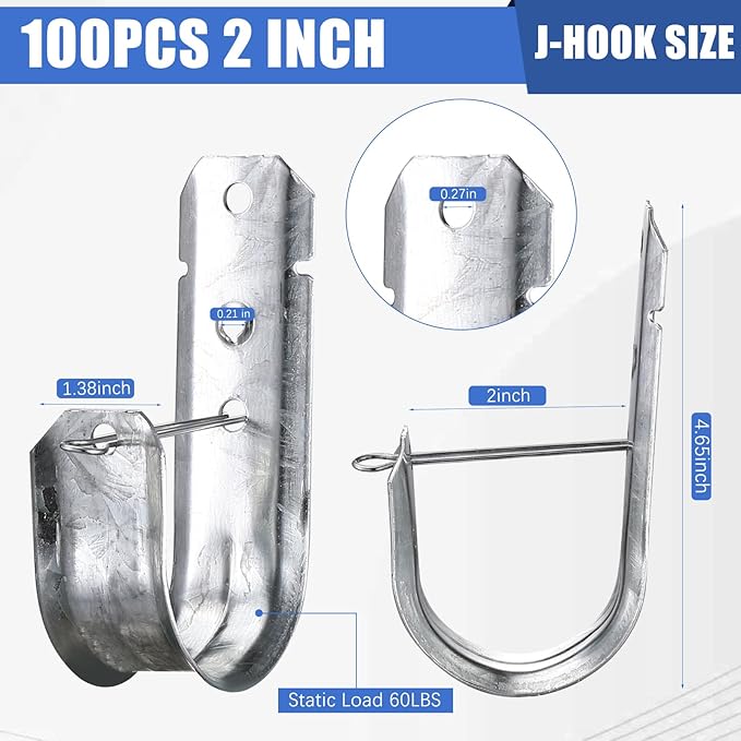 2-Inch 100 Pcs Cable Support, J Hooks Heavy Duty Galvanized Steel Cable Hooks Wire Management J Hooks for Attaching Wall Mounting to Vertical Surfaces, Silver