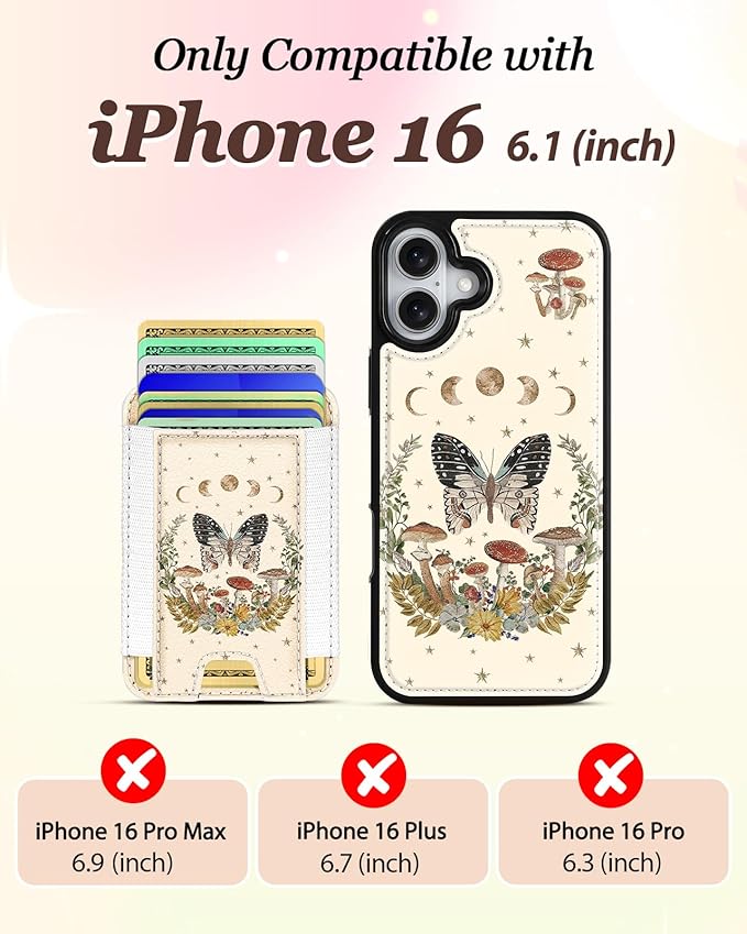 Shorogyt for iPhone 16 Wallet Case - Fits 5 Cards, Compatible with Magsafe Detachable Magnetic Credit Card Holder Leather Cardholder Cute Phone Cover Women Girls for Apple 16, Moon Butterfly