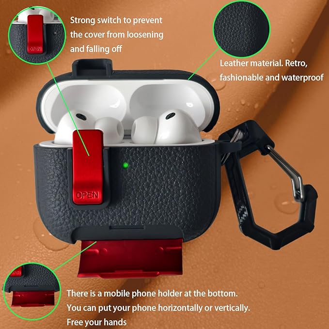 for Leather AirPods Pro 3 Case 2025| Cute Air Pods Pro 3 Case with Lock(Model A2700/A2931) | with Phone Holder & Keychain | Airpods 3 Pro Cases for Man Women(RedBlack)
