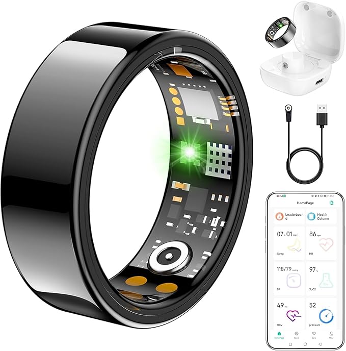 Ring Health Tracker for Women Men, Fit Ring with Heart Rate, Blood Oxygen, Sleep Monitor, Calories, Step Counter, IP68 Waterproof Smart Ring for iPhone & Android, No Subscription Fee (Black, 8#)