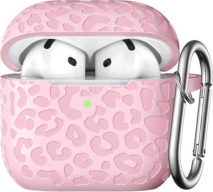 Leopard Engraved Compatible with AirPods 4 Case Cover 2024,Soft Silicone Protective Case for Apple AirPods 4th Generation Case for Women,Cute AirPod 4 Case Accessories with Keychain (Lightpink)