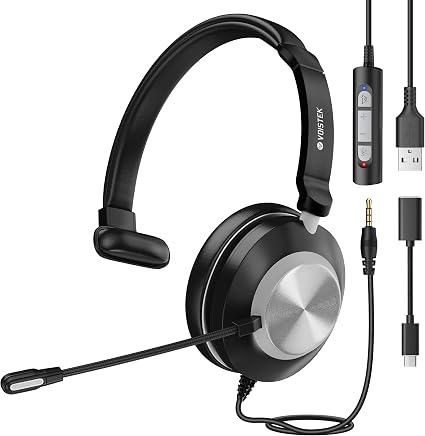Voistek USB Headset with Microphone for PC/Laptop, One Ear Computer Headphones with Noise Cancelling Mic, 3.5mm+USB in-Line Mute, Volume Control for Work Home Office Online Class Skype Zoom