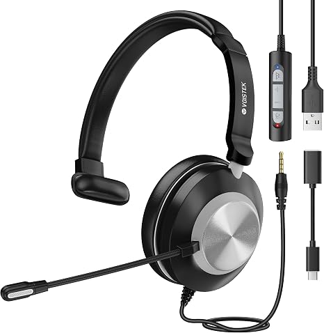 Voistek USB Headset with Microphone for PC/Laptop, One Ear Computer Headphones with Noise Cancelling Mic, 3.5mm+USB in-Line Mute, Volume Control for Work Home Office Online Class Skype Zoom