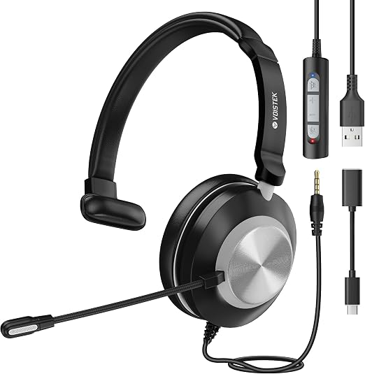 Voistek USB Headset with Microphone for PC/Laptop, One Ear Computer Headphones with Noise Cancelling Mic, 3.5mm+USB in-Line Mute, Volume Control for Work Home Office Online Class Skype Zoom