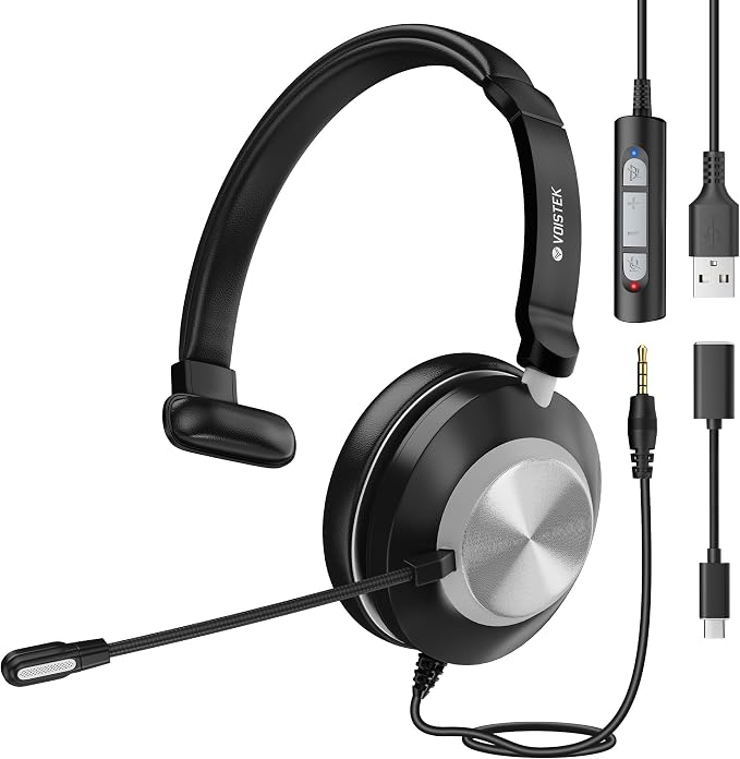 Voistek USB Headset with Microphone for PC/Laptop, One Ear Computer Headphones with Noise Cancelling Mic, 3.5mm+USB in-Line Mute, Volume Control for Work Home Office Online Class Skype Zoom