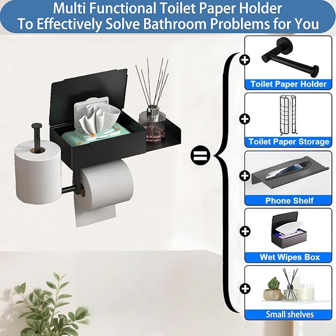 Toilet Paper Holder with Shelf, Flushable Wipes Dispenser Fits, SUS304 Stainless Steel Wall Mount Toilet Paper Roll Holder, Matte Black Toilet Paper Holder with Shelf 3-Roll Capacity