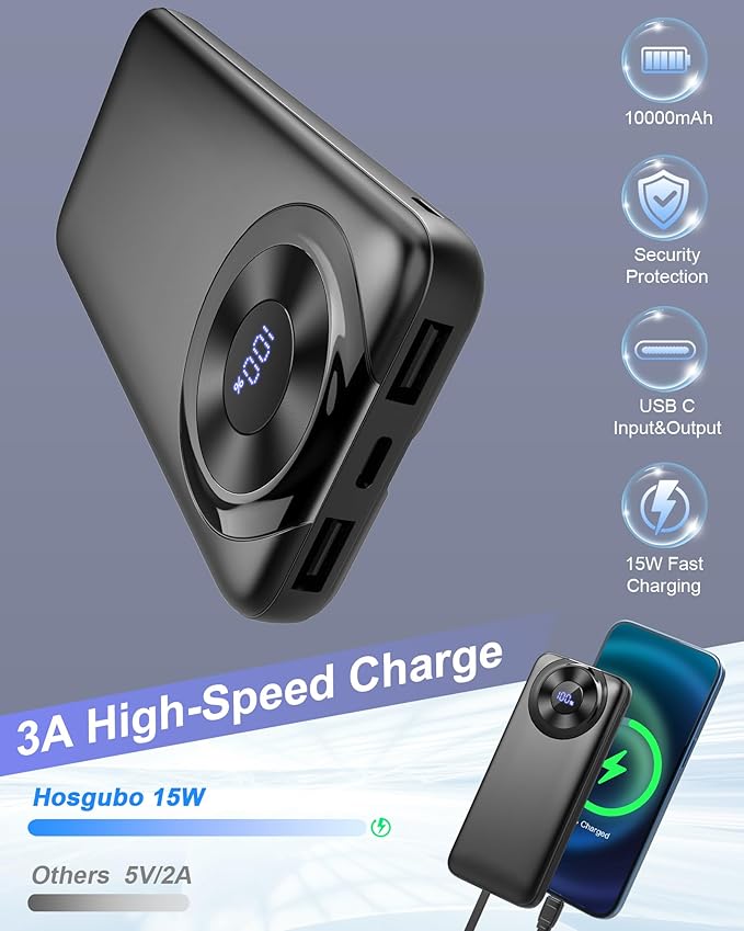 Portable Charger 10000mAh Power Bank Fast Charging with Built-in Cable Slim Battery Pack
