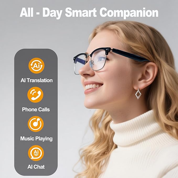 AI Smart Wireless Bluetooth Translation Glasses for Men/Women with Speakers/Bluetooth&140+ Languages Translation Sports/Travel/Drive/Busniess (E8+AI+Color Change Lenses+Silver)