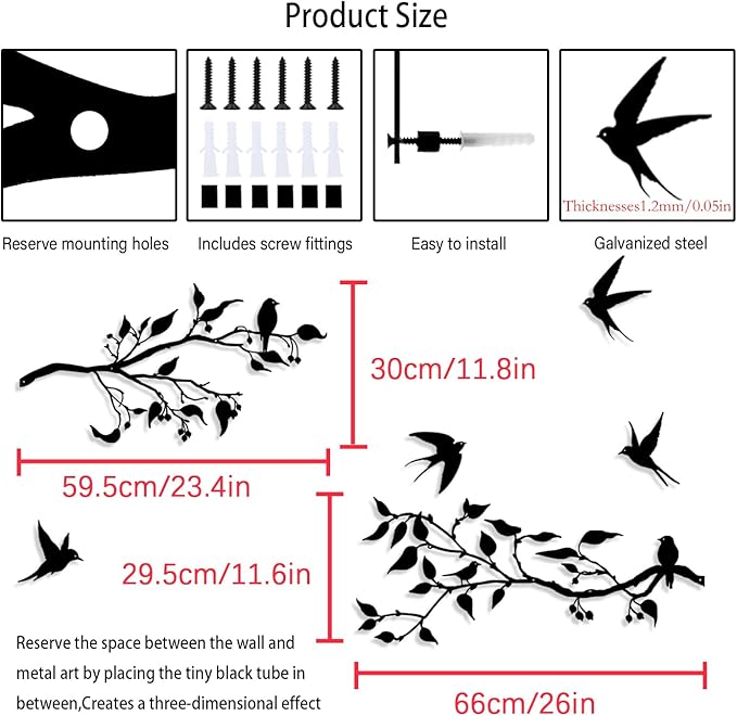 Harikikochuu 4PCS Metal Birds Wall Art Decor, Birds on the Branch Metal Silhouette Art, Black Leaves with Bird Outdoor Hanging Wall Sculpture for Home Office Balcony Garden Decor.（Swallow）