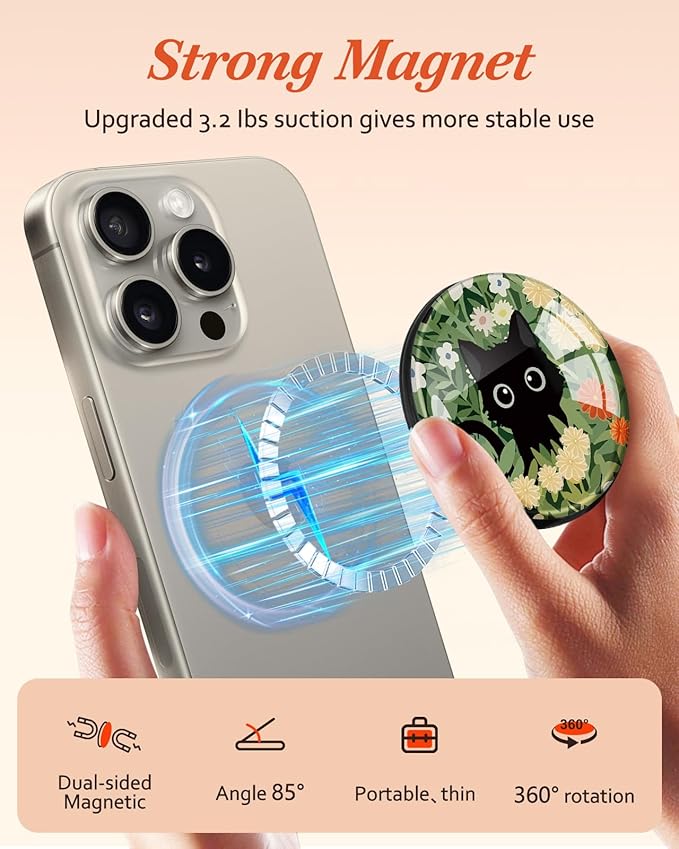 Kidcube Magnetic Phone Grip Compatible with Magsafe - Cell Phone Grip Stand Ring Holder Magnet Kickstand Removable Accessories for iPhone 16 Pro Max/16/15/14/13/12 Series Cute Kawaii Flowers Cat
