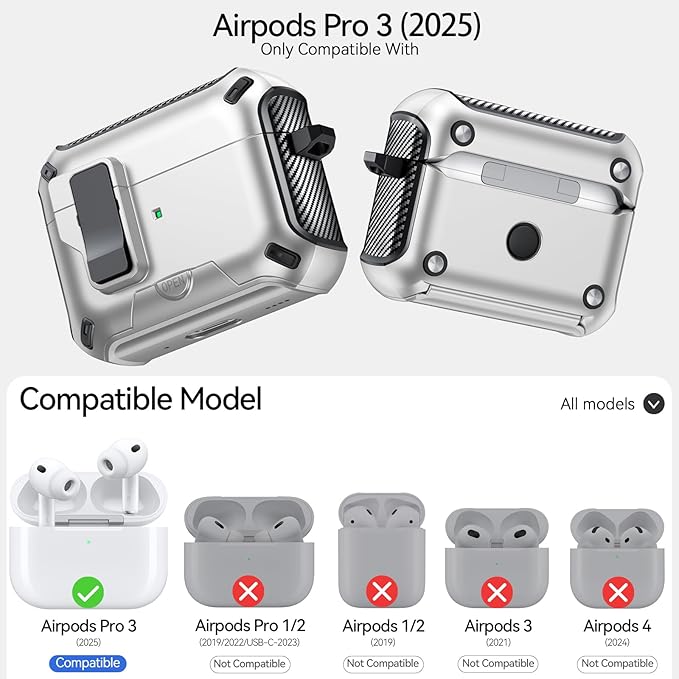 for AirPods Pro 3 Case (2025) with Phone Stand,（with Automatic Snap Switch） Carbon Fiber Design Protection Cover with Cleaning Pen,Silver