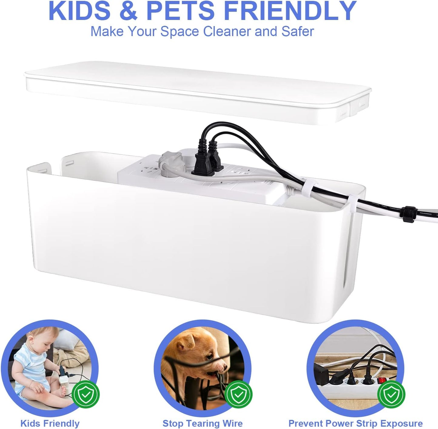 Cable Management Box Set of 3 — Power Strip Organizer with Cable Clips, White