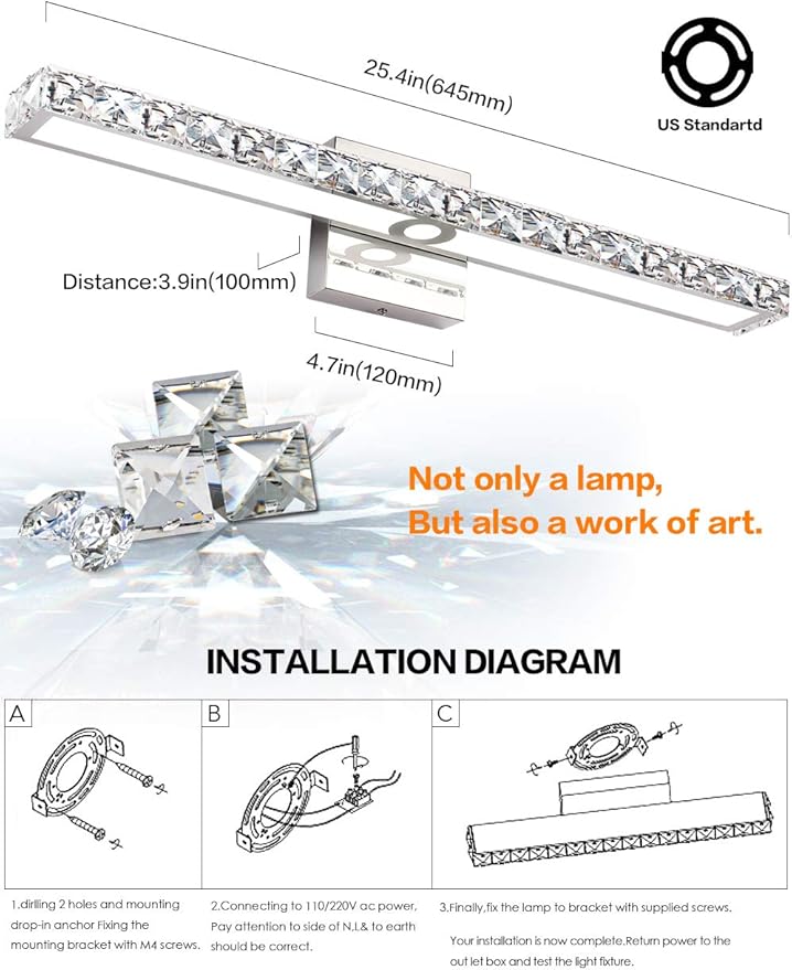 SOLFART LED Vanity Lights Over Mirror25.4 inch 24W Dimmable Crystal Vanity Lights for Bathroom Light Fixtures