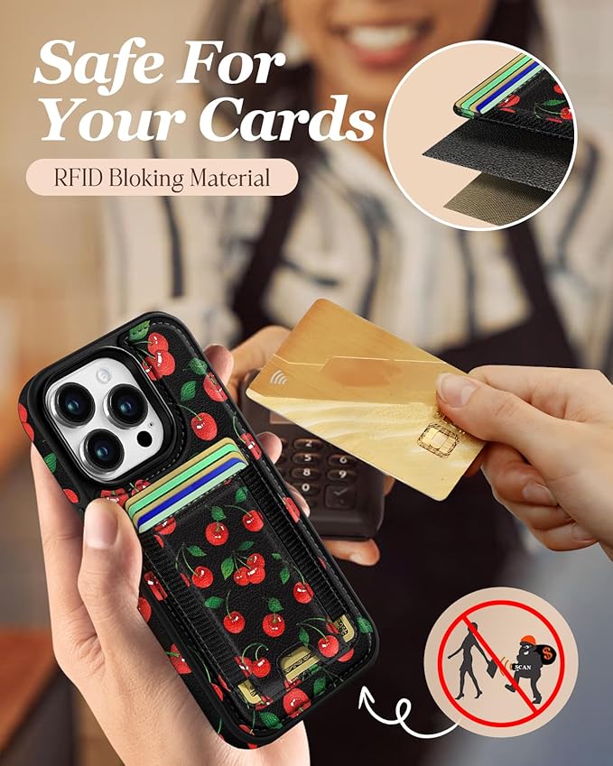 Shorogyt for iPhone 12/12 Pro Wallet Case - Fits 5 Cards, Compatible with Magsafe Detachable Magnetic Credit Card Holder Leather Cardholder Cute Phone Cover Women Girls for Apple 12/12Pro, Cherry