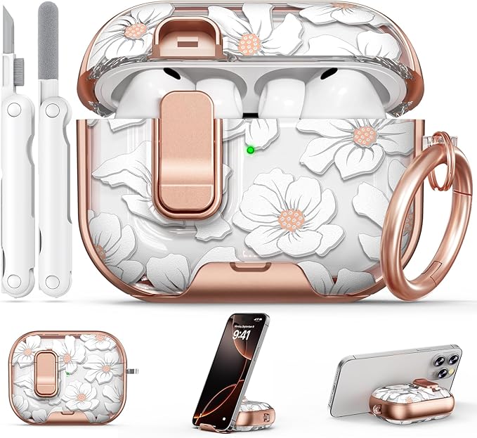 for AirPod Pro 3 Case 2025, with Safty Lock & Phone Stand for Floral AirPod Pro 3 Generation Case Cover for Women Girly, iPod Pro 3 Cases with Keychain & Cleaner Kit -White Lily