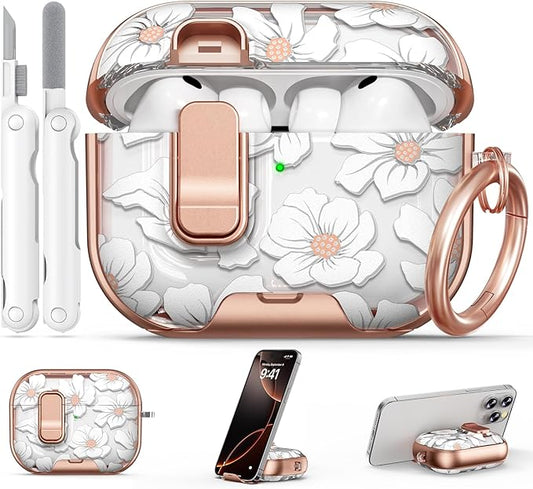 for AirPod Pro 3 Case 2025, with Safty Lock & Phone Stand for Floral AirPod Pro 3 Generation Case Cover for Women Girly, iPod Pro 3 Cases with Keychain & Cleaner Kit -White Lily