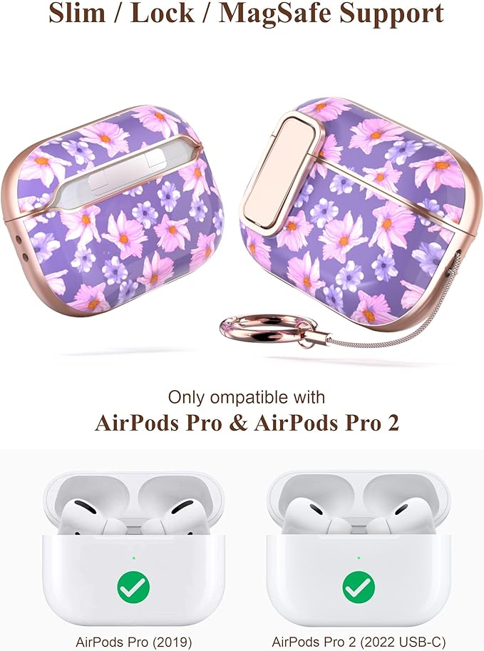 TATOFY for AirPods Pro 2nd Generation Case with Lock Carabiner Cleaner, Slim AirPod Pro 1st & 2nd Hard Case Cover, Compatible with MagSafe (Purple)