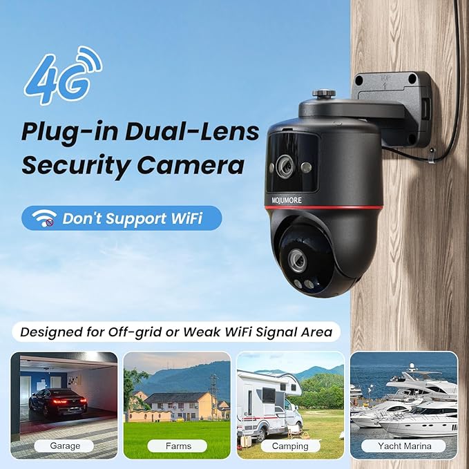 4G LTE Cellular Security Camera, No WiFi Security Camera, Plug-in Dual Lens Security Cameras Outdoor, Auto-Tracking/Push Notification, 360° Live View, Color Night Vision, Built-in SIM Card