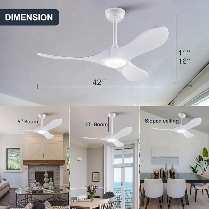 42 Inch Ceiling Fan with Lights and Remote control, Reversible DC Motor Wood Ceiling Fan with Remote Control, 3 Blades White Modern Ceiling Fans with Light for Outdoor Indoor Living room Patios
