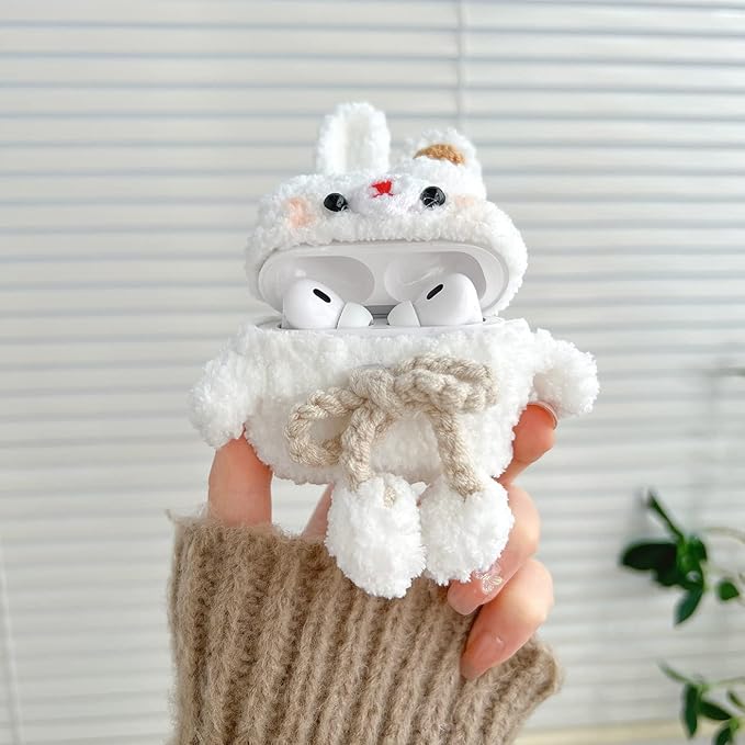 Yatchen Furry Case for AirPods Pro 3,Funny Cute 3D Cartoon Plush Kawaii White Bunny Bow Fluffy Soft Warm for AirPods Pro 3rd Generation Carrying Charging Box with Keychain Protector