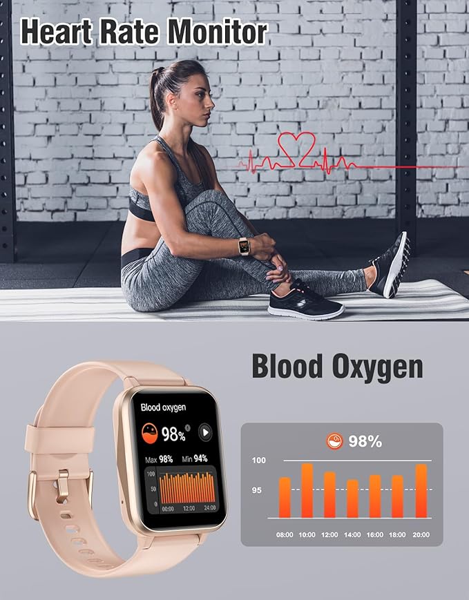 Fitness Tracker Fitness Watches for Women Men (Make/Answer Calls), 1.85" Smart Watch for iPhone/Android Phones, Heart Rate/Sleep Monitor Steps Tracker Watch Pedometer IP68 Waterproof (Pink/gold)