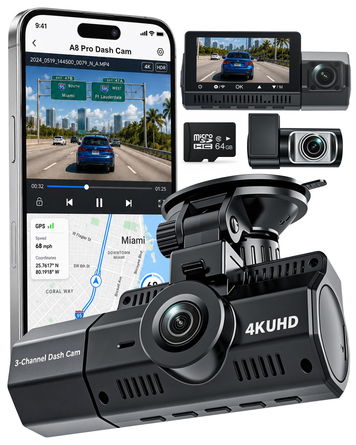 3 Channel Dash Cam, 4K+2.5K+2.5K, WiFi GPS, for Rideshare and Taxi