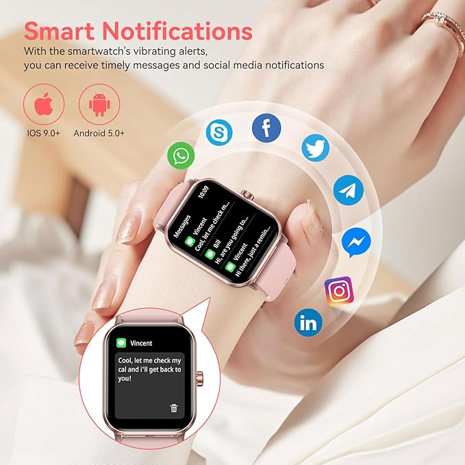 Smart Watch, 1.85" HD Fitness Tracker with Bluetooth Calls, 5 ATM Waterproof, 24/7 Heart Rate/Sleep Monitor, Pedometer, Calories, 130+ Sport Modes, Smartwatch for iOS Android (Pink)