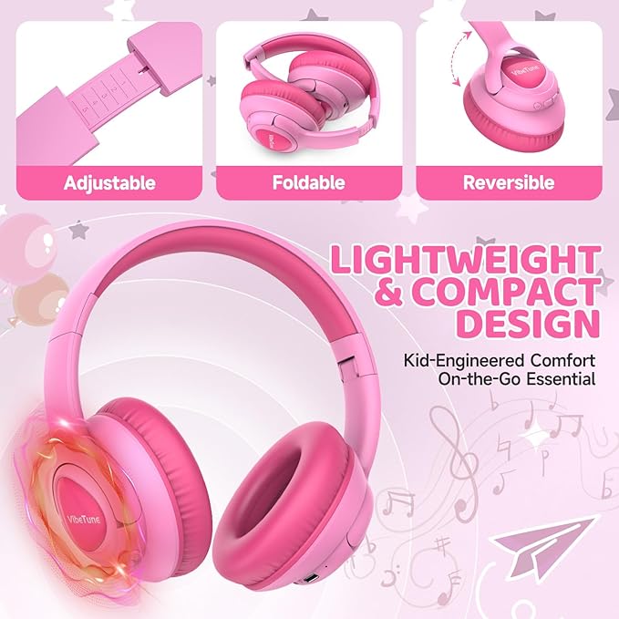 VibeTune Kids Bluetooth Headphones, 60H Playtime, Volume Limited 85/94dB, Bluetooth 5.4, Type-C Fast Charging, Foldable Wireless Headphones for Kids, Toddler Headsets with HD Mic-Pink
