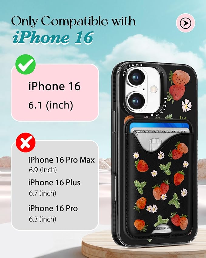 Toycamp for iPhone 16 Case - Compatible with Magsafe with Credit Card Holder Wallet Magnetic Girls Cute Girly Teens Kawaii Unique Strawberry Black Design Pretty Phone Cover for Apple 16 6.1"