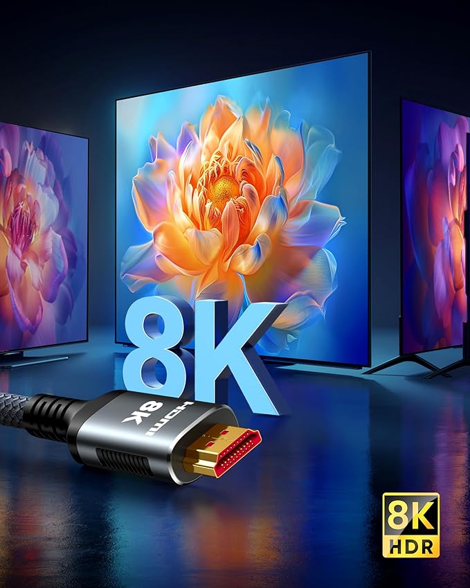 Snowkids 8K HDMI Cable 25 FT Grey, 48Gbps Ultra High-Speed HDMI 2.1 Cables Cord, 10K 8K@60Hz, 4K@120Hz Compatible for TV/Laptop/Monitor/PS-5/X-box/Projector/Entertainment, Sound System & More