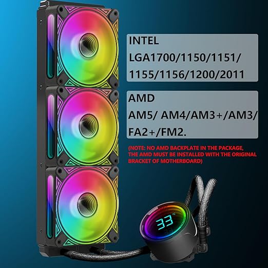 T-360MM Black ARGB Liquid CPU Water Cooling with 3 X 120mm ARGB PWM Fan,Temperature Display, Computer Water Cooling