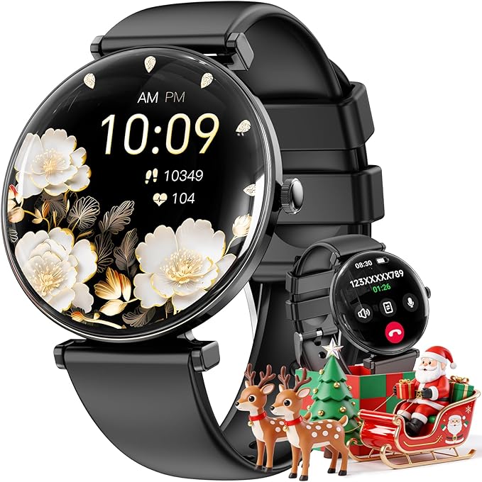 Smart Watch for Women with Android iPhone Compatible[Calls/Metal Thin Body],1.43" Micro-Spherical AMOLED Screen,Sports Watch with Sleep/Heart Rate Monitor,Pedometer for Steps Miles (Pure black)