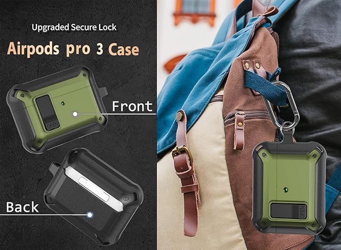 for Airpods Pro 3 Case with Magnetic Automatic Lock, Rugged Apple Airpods Pro 3rd Generation Cover 2025, Armor Shockproof iPod Pro3 Gen Protective Hard Shell Carabiner&Cleaner kit, Army Green