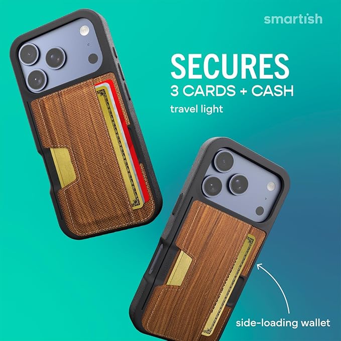Smartish® iPhone 17 Pro Wallet Case - Wallet Slayer Vol. 2 [Slim + Protective] Credit Card Holder w/Kickstand - Drop Tested Hidden Card Slot Cover for Apple iPhone 17 Pro - Walnut Woods