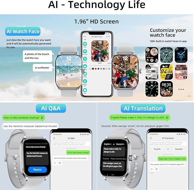 Smart Watch with Built-in GPS, 1.96" HD Display, Answer/Make Calls, 100+ Sport Modes, Heart Rate/Sleep/SpO2 Monitor, Fitness Activity Tracker for Android and iPhone, for women men (Gray, 1.96")