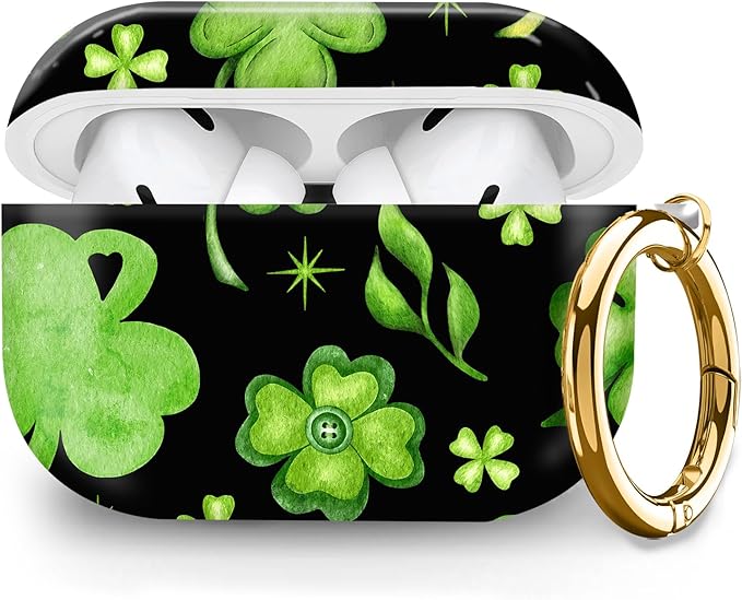 Cute Hard Case Compatible with AirPods Pro 2nd/1st Generation, Protective Cover with Golden Keychain, Fits 2023/2022/2019 Models, for Women, Girls, and Men(Green Leaves)