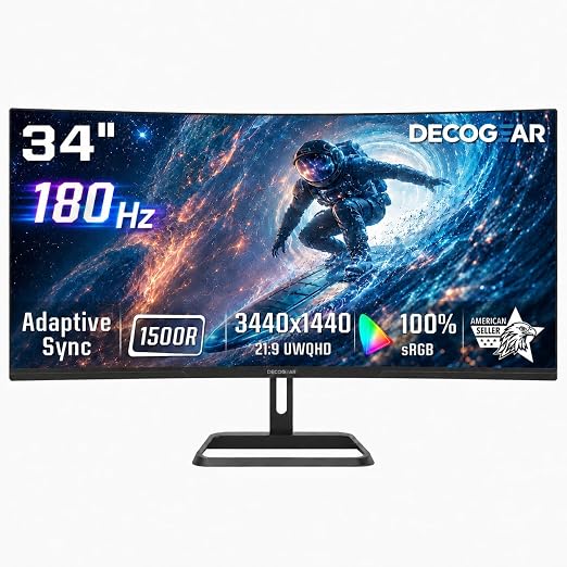 Deco Gear 34” Curved Gaming Monitor, 180Hz 3440×1440 Ultrawide UWQHD Screen for Laptop & PC, Adaptive Sync, R1500 VA Panel, HDR, 100% sRGB, Dual HDMI/DP, 21:9, VESA Mount, American Seller