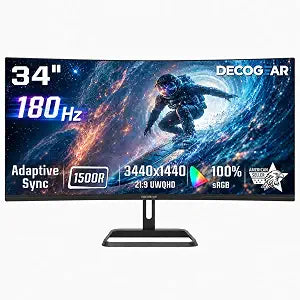 Deco Gear 34” Curved Gaming Monitor, 180Hz 3440×1440 Ultrawide UWQHD Screen for Laptop & PC, Adaptive Sync, R1500 VA Panel, HDR, 100% sRGB, Dual HDMI/DP, 21:9, VESA Mount, American Seller