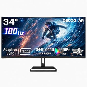 Deco Gear 34” Curved Gaming Monitor, 180Hz 3440×1440 Ultrawide UWQHD Screen for Laptop & PC, Adaptive Sync, R1500 VA Panel, HDR, 100% sRGB, Dual HDMI/DP, 21:9, VESA Mount, American Seller
