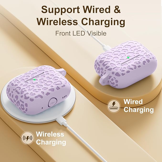 Fashion Engraving Leopard Case Compatible with Airpods Pro Case Cover 2022, Soft Silicone for Airpods Pro Case, Front LED Visible, Lavender