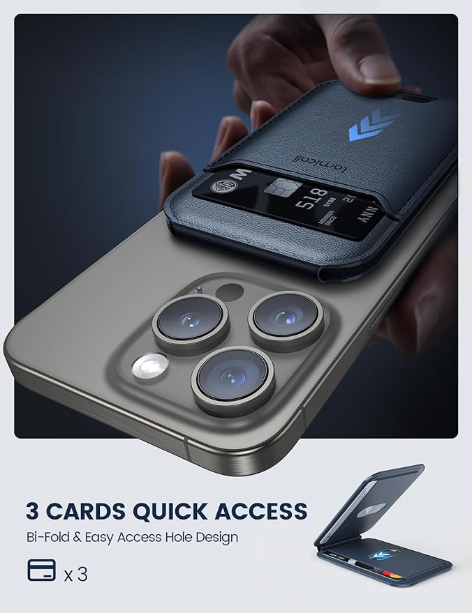 Lamicall Upgraded 2.3oz Light for Magsafe Wallet Stand - Slim Phone 3 Cards Holder, Adjustable Leather Apple iPhone Wallet Stand, Magnetic for iPhone 17/16/15/14 Series, Not for Mini, Dark Blue