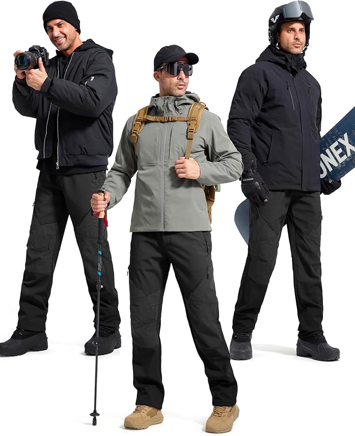 FREE SOLDIER Men's Fleece Lined Outdoor Cargo Hiking Pants Water Repellent Softshell Snow Ski Pants with Zipper Pockets