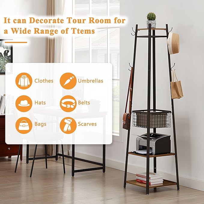 VECELO Coat Rack Freestanding, Entryway Clothes Stand with Metal Basket and 2 Shelves, Upgrade Hall Trees with 8 Dual Hooks for Bags, Hats, and Umbrellas, Industrial Styles, Vintage Brown+ Black