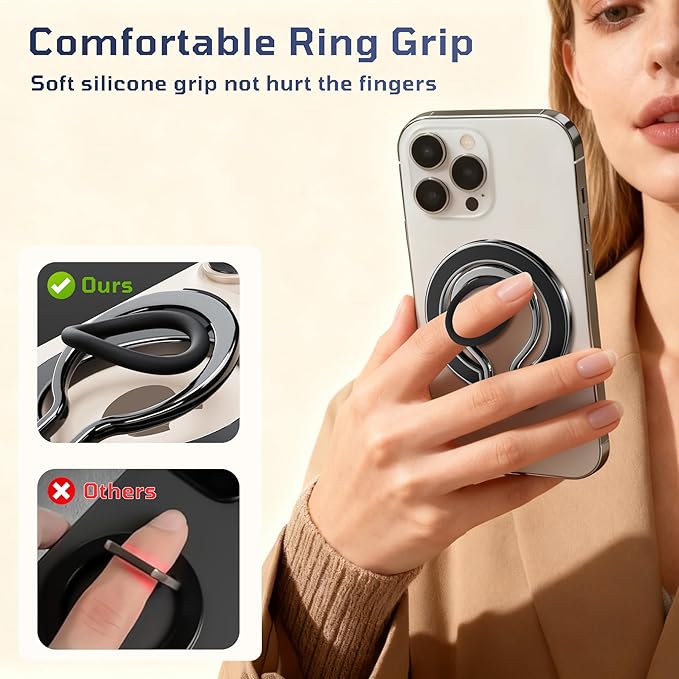 Slim Magnetic Phone Ring Holder for Magsafe, Lightweight Phone Finger Snap Grip Kickstand Accessories Compatible with iPhone Pixel, Portable Mini Phone Stand Works with Magnetic Car Mount
