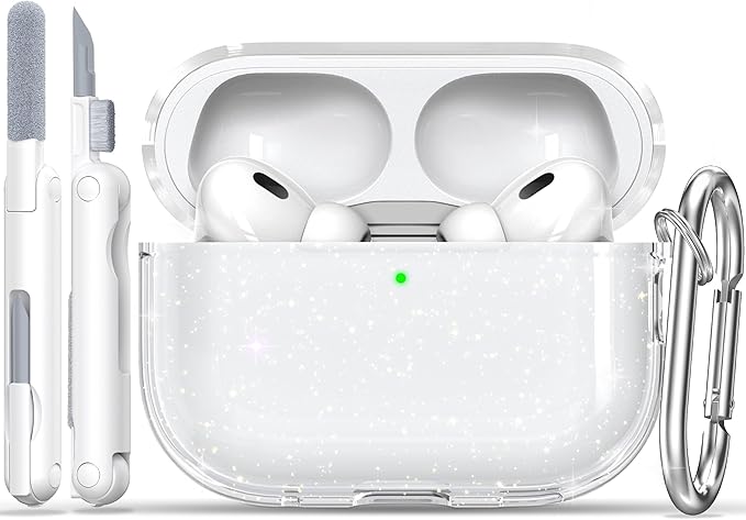 RFUNGUANGO AirPods Pro Case Clear, Soft TPU Transparent with Cleaning Kit & Keychain, Compatible with Magsafe, Compatible Apple AirPods Pro 2nd/1st Generation Protective Case, Glitter White