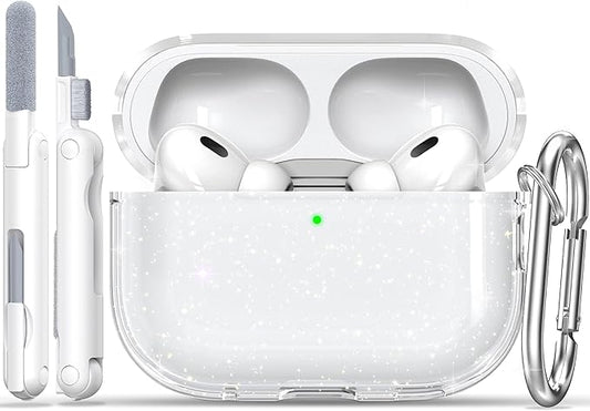 RFUNGUANGO AirPods Pro Case Clear, Soft TPU Transparent with Cleaning Kit & Keychain, Compatible with Magsafe, Compatible Apple AirPods Pro 2nd/1st Generation Protective Case, Glitter White