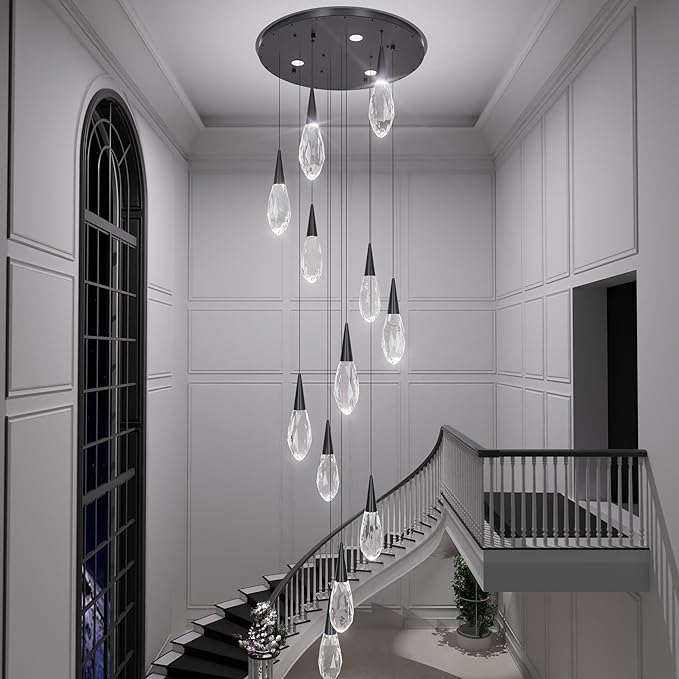 H118 Chandeliers for High Ceiling Black Modern Crystal Pendant Light 12-Lights Crystal Raindrop Chandelier for Living Room Staircase Villa