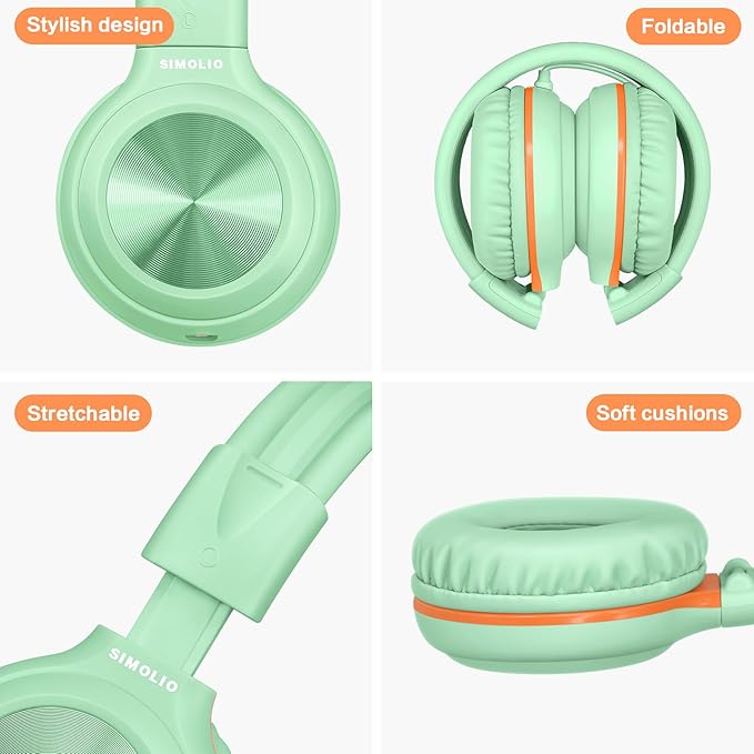 SIMOLIO Kids Wired Headphones with Microphone and 3-Level Volume Control, Stereo Corded Headphone Girls, Boys, On-Ear 3.5mm PC Headset Teens for Cellphones Tablets Chromebook Laptop Computer (Green)
