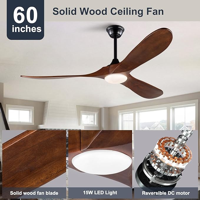 60 Inch Ceiling Fan with Lights and Remote, 3 Wood Fan Blades Ceiling Fan with Quiet Reversible DC Motor Indoor Outdoor for Patios Living Room Bedroom Study